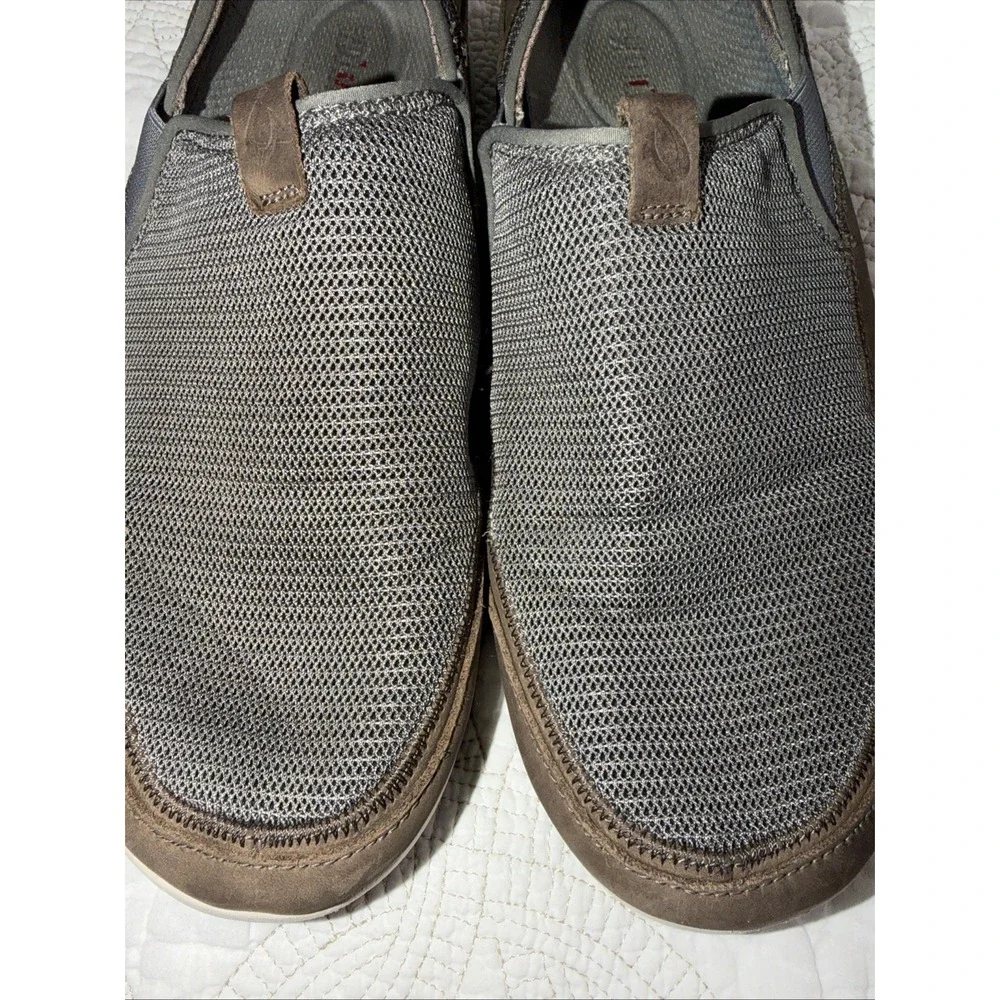 Olukai Makia Men's 12 Slip On Loafer Gray Mesh Brown Leather Boat Shoes